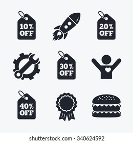 Award achievement, spanner and cog, startup rocket and burger. Sale price tag icons. Discount special offer symbols. 10%, 20%, 30% and 40% percent off signs. Flat icons.