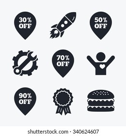Award achievement, spanner and cog, startup rocket and burger. Sale pointer tag icons. Discount special offer symbols. 30%, 50%, 70% and 90% percent off signs. Flat icons.