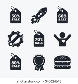 Award achievement, spanner and cog, startup rocket and burger. Sale price tag icons. Discount special offer symbols. 50%, 60%, 70% and 80% percent sale signs. Flat icons.