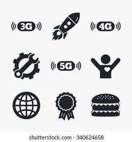 Award achievement, spanner and cog, startup rocket and burger. Mobile telecommunications icons. 3G, 4G and 5G technology symbols. World globe sign. Flat icons.