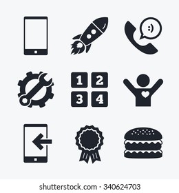 Award achievement, spanner and cog, startup rocket and burger. Phone icons. Smartphone incoming call sign. Call center support symbol. Cellphone keyboard symbol. Flat icons.