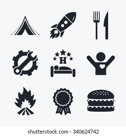 Award achievement, spanner and cog, startup rocket and burger. Food, sleep, camping tent and fire icons. Knife and fork. Hotel or bed and breakfast. Road signs. Flat icons.
