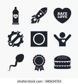 Award achievement, spanner and cog, startup rocket and burger. Safe sex love icons. Condom in package symbol. Sperm sign. Fertilization or insemination. Flat icons.