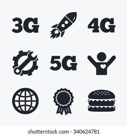 Award achievement, spanner and cog, startup rocket and burger. Mobile telecommunications icons. 3G, 4G and 5G technology symbols. World globe sign. Flat icons.