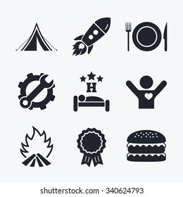 Award achievement, spanner and cog, startup rocket and burger. Food, sleep, camping tent and fire icons. Knife, fork and dish. Hotel or bed and breakfast. Road signs. Flat icons.