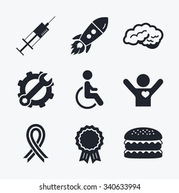 Award achievement, spanner and cog, startup rocket and burger. Medicine icons. Syringe, disabled, brain and ribbon signs. Breast cancer awareness symbol. Handicapped invalid. Flat icons.