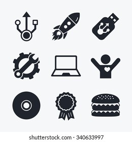 Award achievement, spanner and cog, startup rocket and burger. Usb flash drive icons. Notebook or Laptop pc symbols. CD or DVD sign. Compact disc. Flat icons.