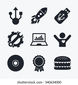 Award achievement, spanner and cog, startup rocket and burger. Usb flash drive icons. Notebook or Laptop pc symbols. CD or DVD sign. Compact disc. Flat icons.