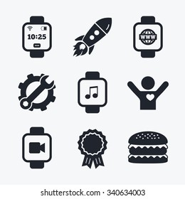Award achievement, spanner and cog, startup rocket and burger. Smart watch icons. Wrist digital time watch symbols. Music, Video, Globe internet and wi-fi signs. Flat icons.
