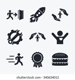 Award achievement, spanner and cog, startup rocket and burger. Life insurance hands protection icon. Human running symbol. Emergency exit with arrow sign. Flat icons.
