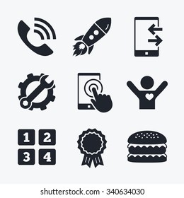 Award achievement, spanner and cog, startup rocket and burger. Phone icons. Touch screen smartphone sign. Call center support symbol. Cellphone keyboard symbol. Incoming and outcoming calls.