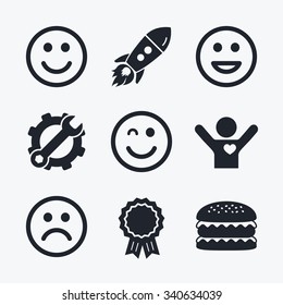 Award achievement, spanner and cog, startup rocket and burger. Smile icons. Happy, sad and wink faces symbol. Laughing lol smiley signs. Flat icons.