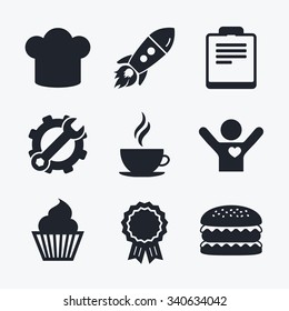 Award achievement, spanner and cog, startup rocket and burger. Coffee cup icon. Chef hat symbol. Muffin cupcake signs. Document file. Flat icons.