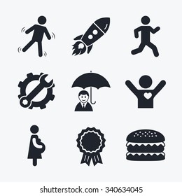 Award achievement, spanner and cog, startup rocket and burger. Businessman with umbrella icon. Human running symbol. Man love Woman or Lovers sign. Women Pregnancy. Life insurance. Flat icons.