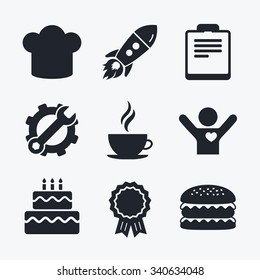 Award achievement, spanner and cog, startup rocket and burger. Coffee cup icon. Chef hat symbol. Birthday cake signs. Document file. Flat icons.