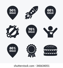 Award achievement, spanner and cog, startup rocket and burger. Sale pointer tag icons. Discount special offer symbols. 50%, 60%, 70% and 80% percent sale signs. Flat icons.