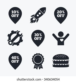 Award achievement, spanner and cog, startup rocket and burger. Sale pointer tag icons. Discount special offer symbols. 10%, 20%, 30% and 40% percent off signs. Flat icons.