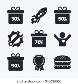 Award achievement, spanner and cog, startup rocket and burger. Sale gift box tag icons. Discount special offer symbols. 30%, 50%, 70% and 90% percent discount signs. Flat icons.