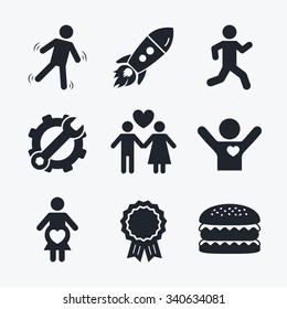 Award achievement, spanner and cog, startup rocket and burger. Women pregnancy icon. Human running symbol. Man love Woman or Lovers sign. Flat icons.