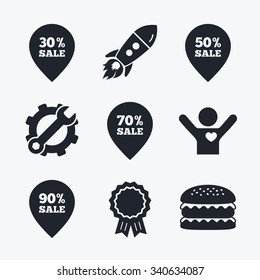 Award achievement, spanner and cog, startup rocket and burger. Sale pointer tag icons. Discount special offer symbols. 30%, 50%, 70% and 90% percent sale signs. Flat icons.
