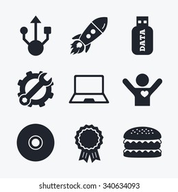 Award achievement, spanner and cog, startup rocket and burger. Usb flash drive icons. Notebook or Laptop pc symbols. CD or DVD sign. Compact disc. Flat icons.