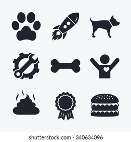 Award achievement, spanner and cog, startup rocket and burger. Pets icons. Dog paw and feces signs. Clean up after pets. Pets food. Flat icons.
