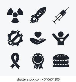 Award achievement, spanner and cog, startup rocket and burger. Medicine icons. Syringe, life insurance, radiation and ribbon signs. Breast cancer awareness symbol. Hand holds heart. Flat icons.