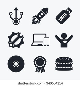 Award achievement, spanner and cog, startup rocket and burger. Usb flash drive icons. Notebook or Laptop pc symbols. Smartphone device. CD or DVD sign. Compact disc. Flat icons.