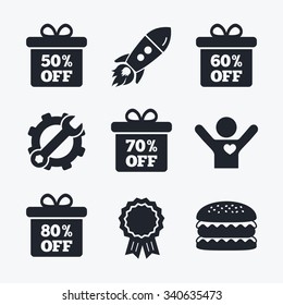 Award achievement, spanner and cog, startup rocket and burger. Sale gift box tag icons. Discount special offer symbols. 50%, 60%, 70% and 80% percent off signs. Flat icons.