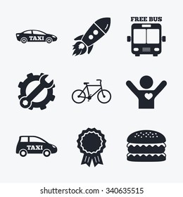 Award achievement, spanner and cog, startup rocket and burger. Public transport icons. Free bus, bicycle and taxi signs. Car transport symbol. Flat icons.