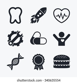 Award achievement, spanner and cog, startup rocket and burger. Maternity icons. Pills, tooth, DNA and heart cardiogram signs. Heartbeat symbol. Deoxyribonucleic acid. Dental care. Flat icons.