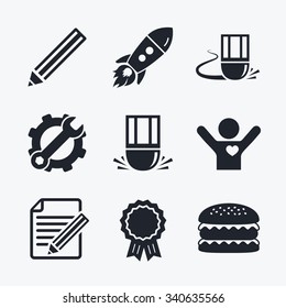 Award achievement, spanner and cog, startup rocket and burger. Pencil icon. Edit document file. Eraser sign. Correct drawing symbol. Flat icons.