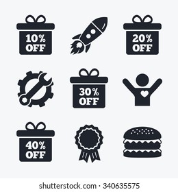 Award achievement, spanner and cog, startup rocket and burger. Sale gift box tag icons. Discount special offer symbols. 10%, 20%, 30% and 40% percent off signs. Flat icons.