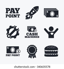 Award achievement, spanner and cog, startup rocket and burger. Cash and coin icons. Cash machines or ATM signs. Pay point or Withdrawal symbols. Flat icons.