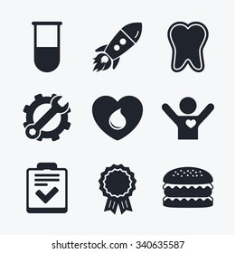 Award achievement, spanner and cog, startup rocket and burger. Medical icons. Tooth, test tube, blood donation and checklist signs. Laboratory equipment symbol. Dental care. Flat icons.