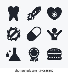 Award achievement, spanner and cog, startup rocket and burger. Maternity icons. Pill, tooth, chemistry and heart signs. Blood donation symbol. Lab bulb with drops. Dental care. Flat icons.