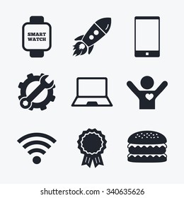 Award achievement, spanner and cog, startup rocket and burger. Notebook and smartphone icons. Smart watch symbol. Wi-fi sign. Wireless Network symbol. Mobile devices. Flat icons.