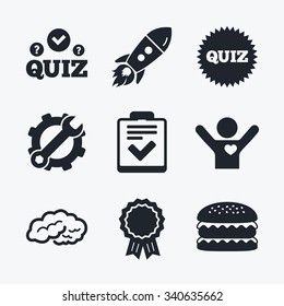 Award achievement, spanner and cog, startup rocket and burger. Quiz icons. Human brain think. Checklist symbol. Survey poll or questionnaire feedback form. Questions and answers game sign. Flat icons.