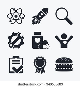 Award achievement, spanner and cog, startup rocket and burger. Medical icons. Atom, magnifier glass, checklist signs. Medical heart pills bottle symbol. Pharmacy medicine drugs. Flat icons.