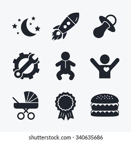 Award achievement, spanner and cog, startup rocket and burger. Moon and stars symbol. Baby infants icon. Buggy and dummy signs. Child pacifier and pram stroller. Flat icons.