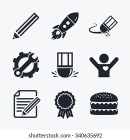 Award achievement, spanner and cog, startup rocket and burger. Pencil icon. Edit document file. Eraser sign. Correct drawing symbol. Flat icons.