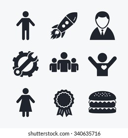Award achievement, spanner and cog, startup rocket and burger. Businessman person icon. Group of people symbol. Man and Woman signs. Flat icons.