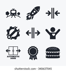 Award achievement, spanner and cog, startup rocket and burger. Train railway icon. Overground transport. Automatic door symbol. Way out arrow sign. Flat icons.