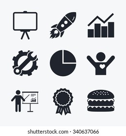 Award achievement, spanner and cog, startup rocket and burger. Diagram graph Pie chart icon. Presentation billboard symbol. Man standing with pointer sign. Flat icons.