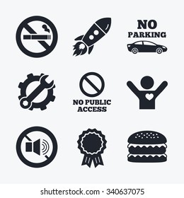Award achievement, spanner and cog, startup rocket and burger. Stop smoking and no sound signs. Private territory parking or public access. Cigarette symbol. Speaker volume. Flat icons.
