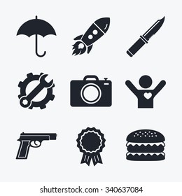 Award achievement, spanner and cog, startup rocket and burger. Gun weapon icon.Knife, umbrella and photo camera signs. Edged hunting equipment. Prohibition objects. Flat icons.