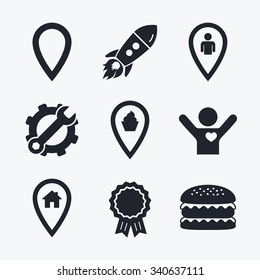 Award achievement, spanner and cog, startup rocket and burger. Map pointer icons. Home, food and user location symbols. Restaurant and cupcake signs. You are here. Flat icons.