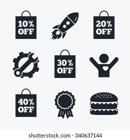 Award achievement, spanner and cog, startup rocket and burger. Sale bag tag icons. Discount special offer symbols. 10%, 20%, 30% and 40% percent off signs. Flat icons.