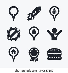 Award achievement, spanner and cog, startup rocket and burger. Map circle pointer icons. Home, food and user location symbols. Restaurant and cupcake signs. You are here. Flat icons.