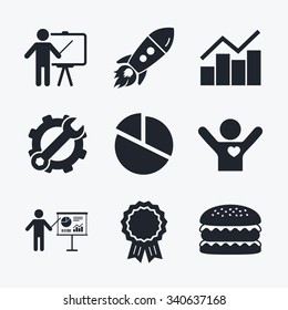 Award achievement, spanner and cog, startup rocket and burger. Diagram graph Pie chart icon. Presentation billboard symbol. Man standing with pointer sign. Flat icons.
